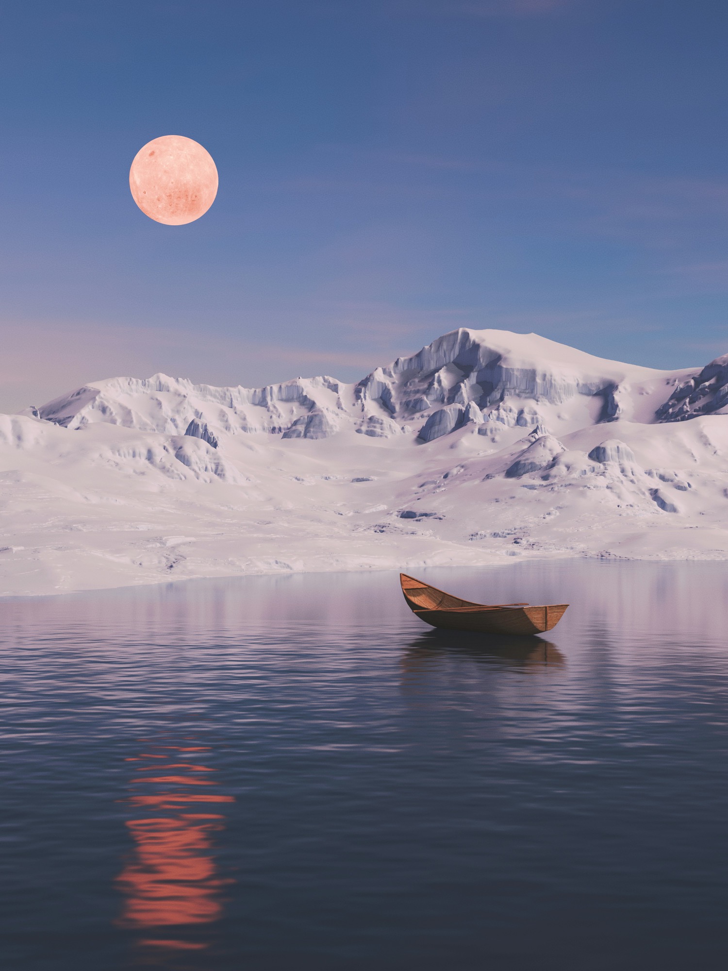 Moon over a quiet lake and pale mountains